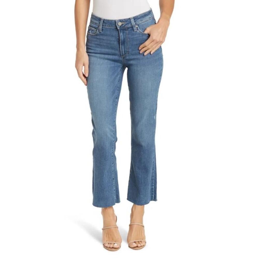 PAIGE Rory Crop Flare Jeans Womens 25 Blue High Rise Raw Hem Crop Stretch Denim